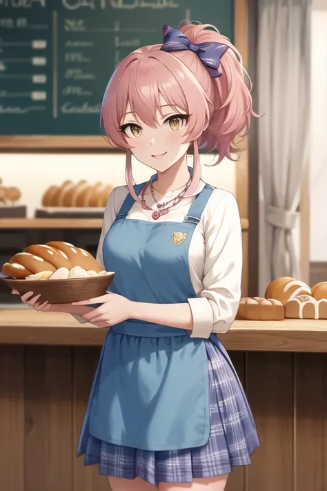 masterpiece, Best Quality,  Hi-Res,  Kobeya uniform, blue skirt, Blue Necklace, gingham apron, Bakery,  cinematic angles, Looking Ahead, smile, pink hair,  yellow eyes,Amica,  ponytails,  hair bow