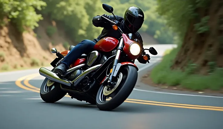 Create highly realistic image of (  Suzuki Intruder) cornering at high speed showing power performance and handling agility red