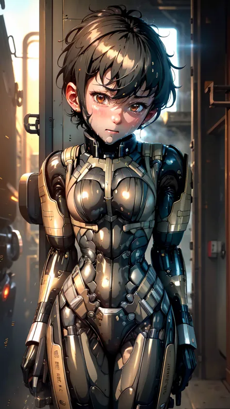 best quality　8k robot suit girl 　  elementary school girl 　sweaty face　cute　 short hair　 boyish 　 steam coming out of the head　 ...