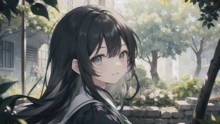 ((Alone:1.2)),cute girl talking with her boyfriend in garden,  high school uniform ,frOm side lOOking up,cObblestOne pavement, Long Hair, Black Hair, Green-gray eyes(),(  mottled sunlights :1.2),Blur,(depth Of field:1.1), smile,  open your mouth , 