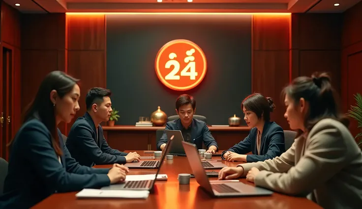 The small round 24h logo image appears on the office wall, luxurious, the Vietnamese employees in the office are working enthusiastically. authentic style, current events. Photo color scheme: red orange and navy blue creates a cinematic feel.