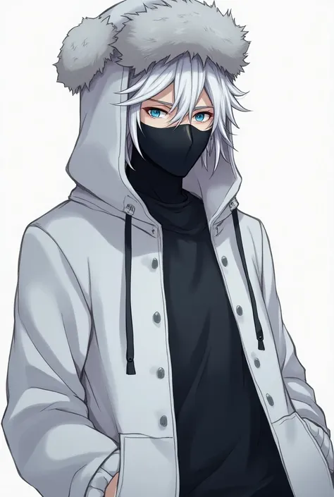 a handsome man with pale white hair, blue eyes, wearing a white hoodie clothes and black mask. Wearing a furry hat. In anime style.