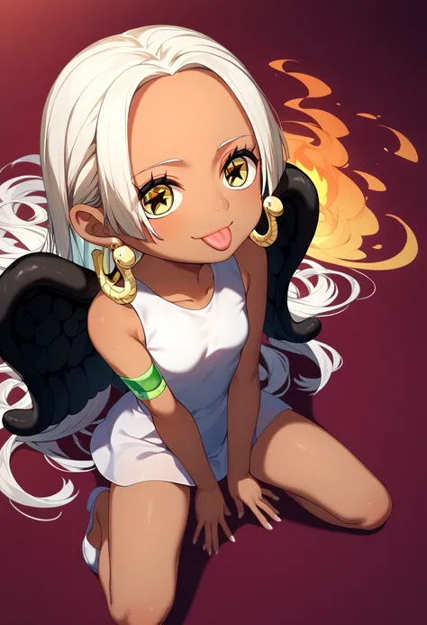 UHD, retina, textured skin, high details, high quality, best quality,  highres icon, 1080P, HD, 16k、1 Girl,Earthsnake , Long Hair, white hair, Brown Skin、,  earrings for a woman alone, Yellow Eyes, symbol-shaped pupils,  black wings  ,  small breasts.  sun...