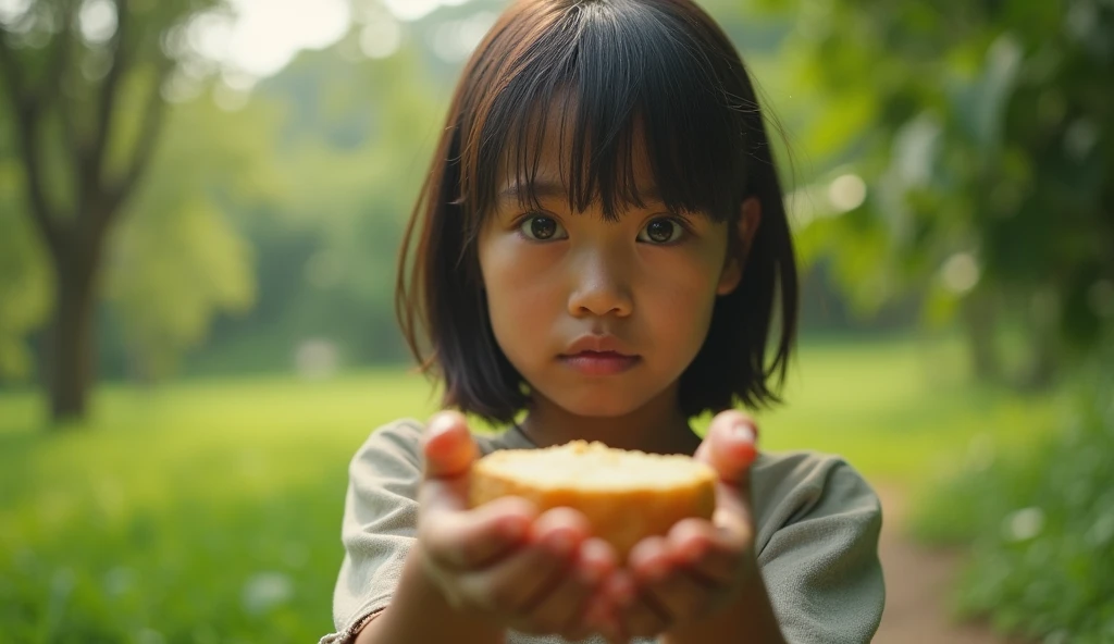 A touching, close-up photorealistic image of a  Indonesian girl standing in a lush, green park, with both hands extended forward holding a piece of bread. Her expression is sad and vulnerable, with large, pleading eyes that reflect her innocence. The park ...