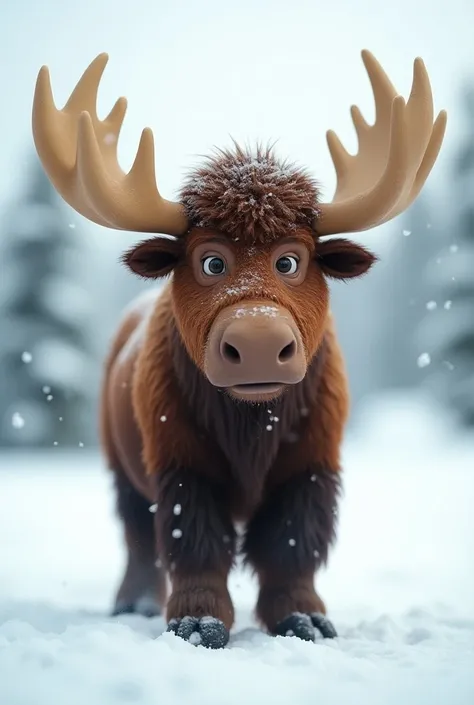 "Create a highly realistic and incredibly cute fusion of a bison and a moose, set in the same snowy landscape. The creature should have the large, muscular body of a bison, with thick, brown fur and a powerful frame, but with the wide, majestic antlers of ...