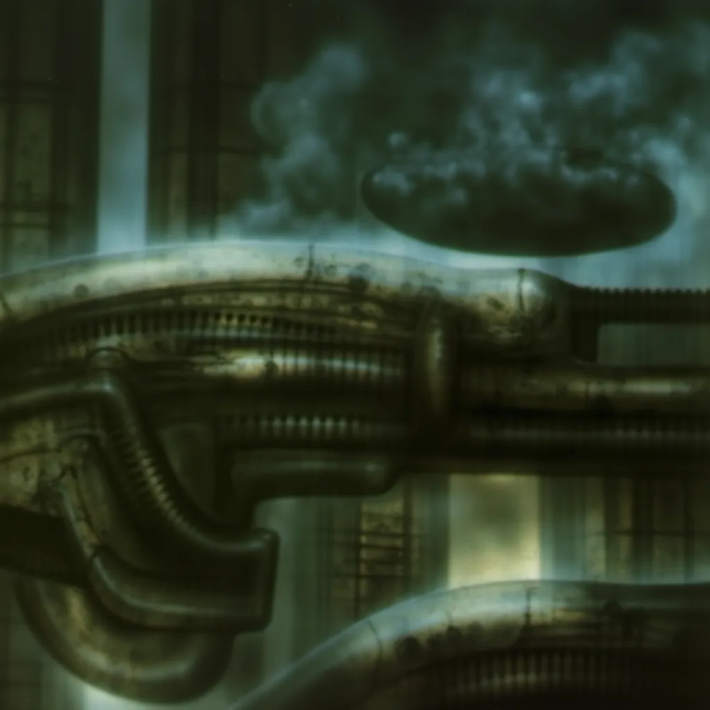 h. r. giger's g1g3r, , giger_style, the image is a detailed view of h.r. giger's \" ny city  \" plate, featuring ( biomechanisms...