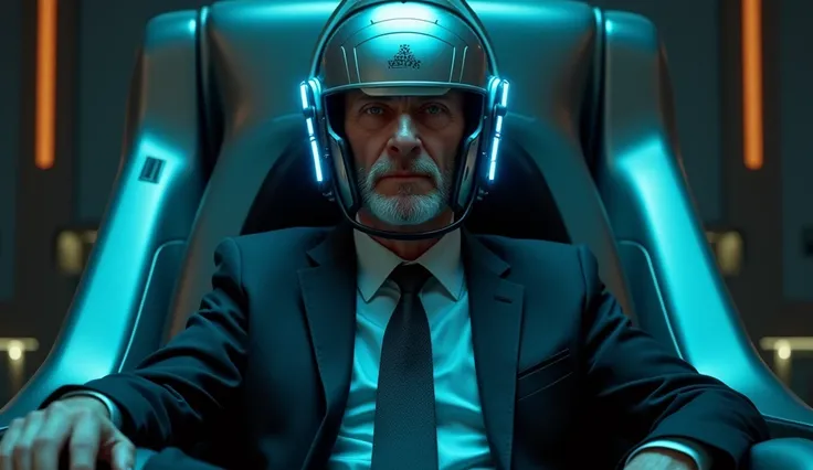 A serious older man with a determined expression, sitting in a futuristic high-tech chair inside a sleek, metallic room. He wears a metallic helmet with glowing blue lights that wraps around his head, resembling a high-tech mind-control or neural interface...