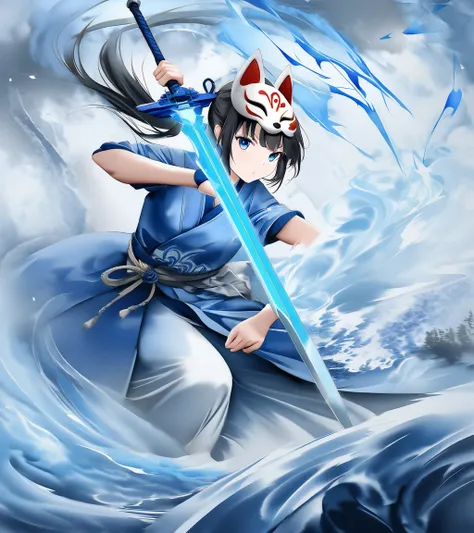  Girl with Blue Lightning Sword, Move fast with all your strength 、  Dramatic Sword Stance , brandishing powerful sword, Advanced Digital Watercolor Art , the flow of air appears to vibrate along the flow of the sword,fine lightning appears around the wave...