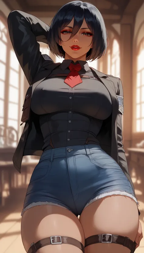  perfect eyes、 perfectly sexy face、ultra detailed、 Mikasa Ackerman、Attack on Titan、shiny hair、( Big breasts ), black shirt、black jacket、Tight Waist、thin waist、 dark blue denim shorts、 Thigh straps 、 glowing skin、 tanned skin 、Beleza、erotic、Red Eyeliner、 re...