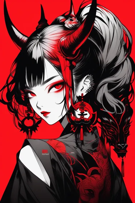 (best quality, sketch:1.2),realistic,Illustrator,anime,1 woman with oni horns, detailed lips,custom, black and red gradient background, crop dress, neon hair,textured crop, masterpiece, classic retro style, black style , Japanese style, ((monochrome))