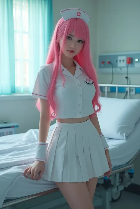 Beautiful young woman in a nurse pleated skirt and nurse top,   stands next to a hospital room bed ,  wears long pink hair , Arm cuffs, Boots up to the knee , realistic photo,  UHD 