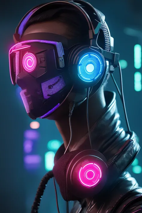 abstract cyber punk headset, PABX IP and circuit in callcenter, neon and led, mosaic