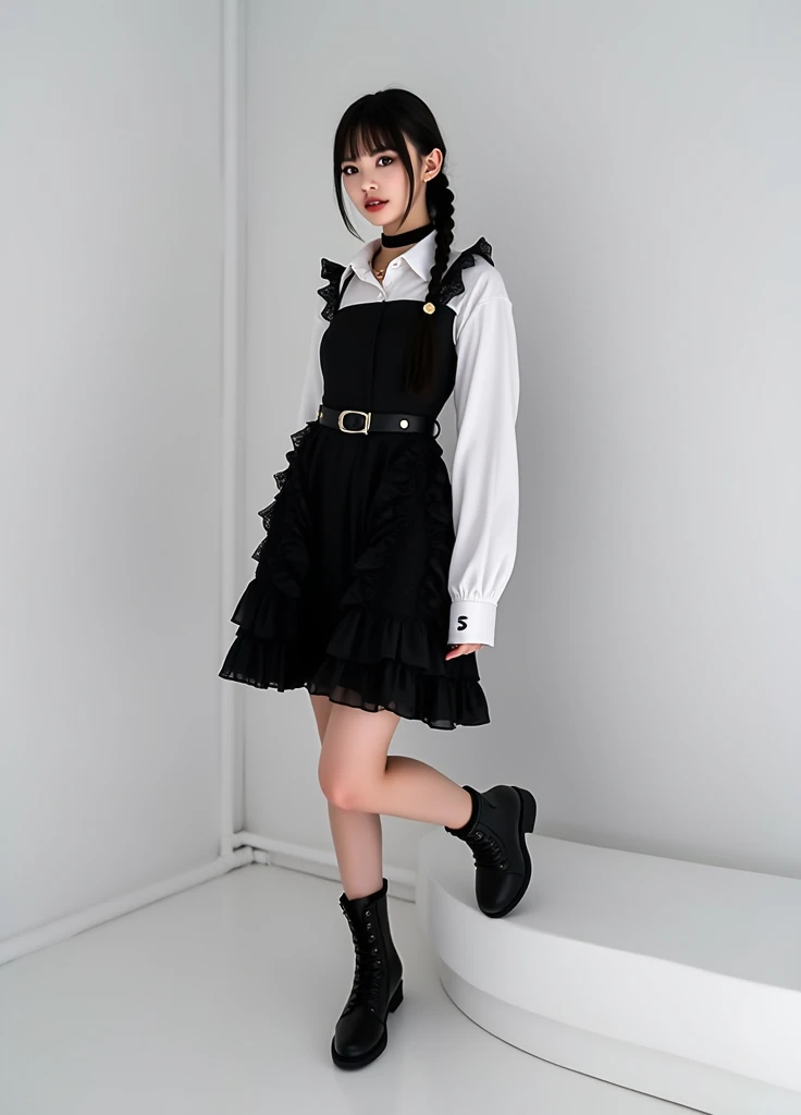 blackいドレスと白いシャツを着たアラブ系の女性が写真にポーズをとっている, y2k style, y2k style, whole body!!, blackいゴシックロリータドレス, black,  Shes wearing streetwear , Ulzzang, whole body!  pretty face, Wears Japanese tech wear , whole body cute young lady,  japanese streetwear , blackの現代的な服を着て...