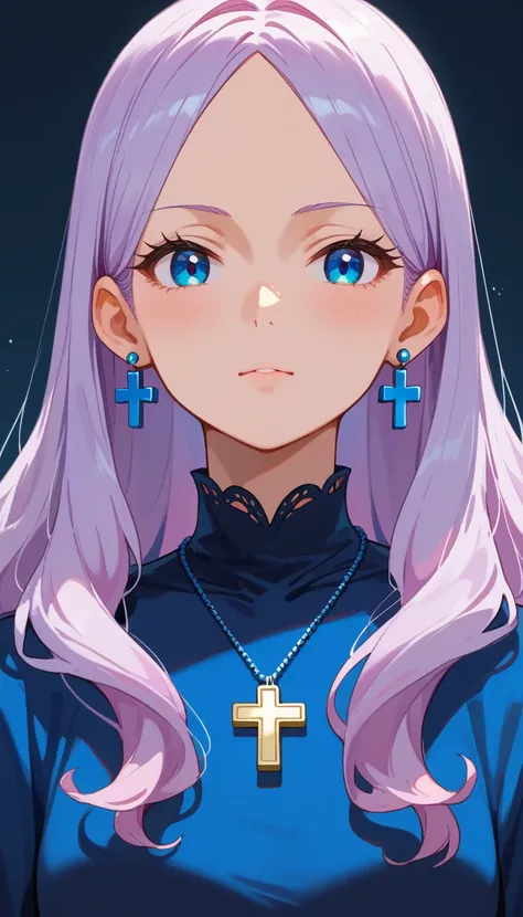  An anime girl portrait with long, flowing lavender hair styled in loose waves,, dressed in a high-neck blue and black modern dress, She has soft blue eyes, a blue choker with a tiny cross pendant, and blue silver cross, blue cross earrings. She stands aga...