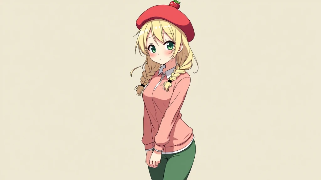 Create an image of an anime girl who has cream-colored hair that has a loose braid with bangs and up to the eyebrows and with 2 large side bangs and who has no head but has a strawberry beret and who has a strawberry beret and who has a strawberry long man...