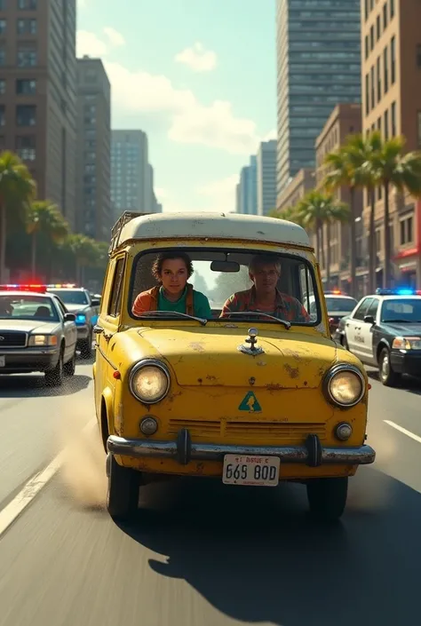 Buo driving an old model yellow van with a jumpsuit as a companion while many cops are chasing them