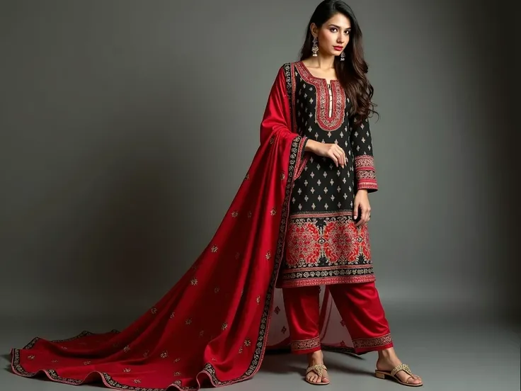 Generate a high resolution image for cloth store Website hero section based on below instruction. A Pakistani beautiful women wearing  a printed salwar kameez full body shown specially bottom view. should be wide. my left side should be suitable for text a...