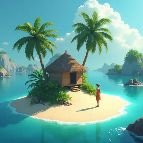 Little island with palm trees and a sandy beach, tropical island, island in a blue sea, small hut, tropical location, rock stone, one human being, virgin land