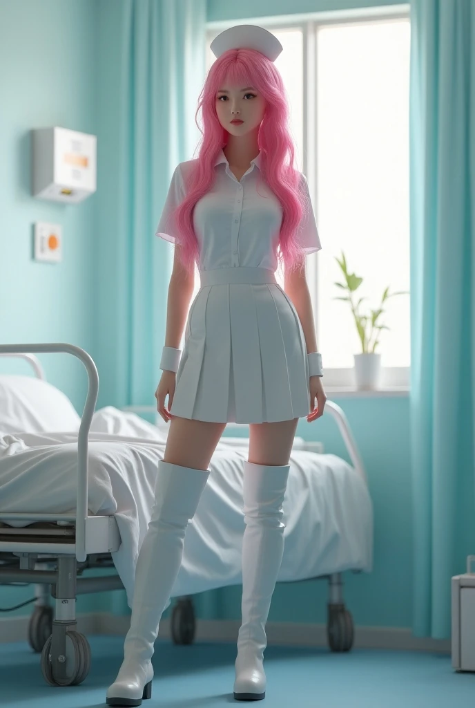 Beautiful young woman in a nurse pleated skirt and nurse top,   stands next to a hospital room bed ,  wears long pink hair , Arm cuffs, Boots up to the knee , realistic photo,  UHD masterpiece,  anatomically correct ,  awarded several times ,  best quality...