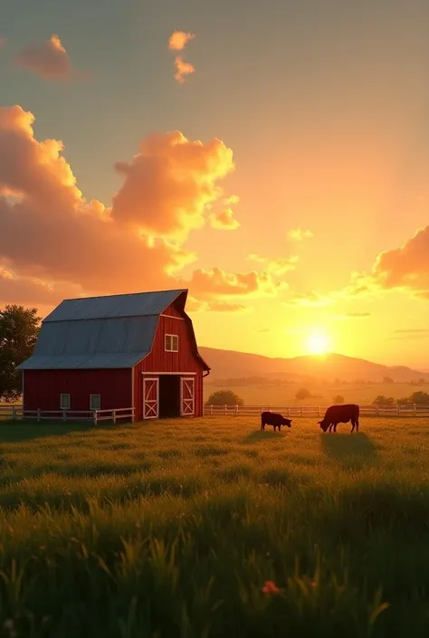 Creates a very realistic image of a farm at sunset 