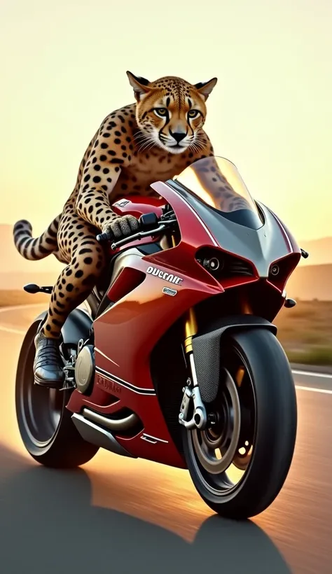 An ultra-realistic hybrid fusion between a cheetah and a Ducati Panigale, combining the agility and speed of the animal with the technology and design of the motorcycle. The body of the cheetah merges perfectly with the metallic and aerodynamic structure o...