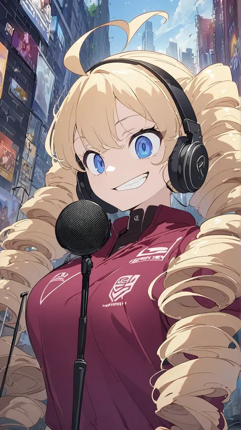  woman、blonde、Long Hair、Drill Hair、Ahoge、 blue eyes、Tree Eyes、Narrow eyes、Grinning face、 maroon sportswear  、 Maroon Pants 、 black headphones 、 microphone with pop guard、radio booth background 、  upper body、anime、Illustration、Best Quality、 masterpiece、 , B...