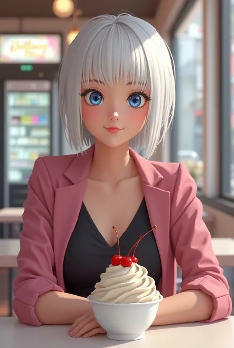 A young Canadian woman, 20 years old, white skin, blue eyes, short straight white hair with bangs, athletic body, medium-sized breasts, she is in an ice cream shop, she is sitting, on the table a bowl of ice cream with red cherries at the top she is smilin...