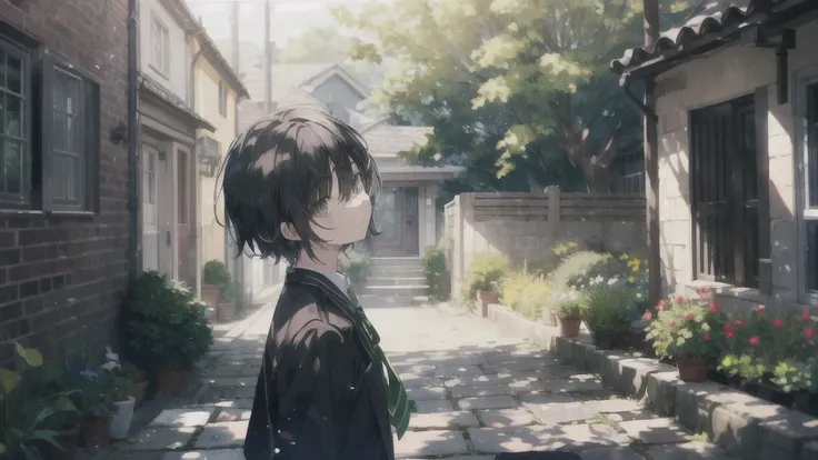 ((Alone:1.2)),cute boy talking with his girlfriend in garden,  high school uniform ,frOm side lOOking up,cObblestOne pavement, Black Hair, Green-gray eyes(),(  mottled sunlights :1.2),Blur,(depth Of field:1.1),  shortcut,  character, 