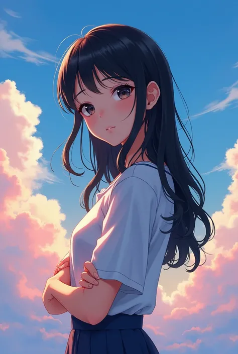  Japanese-looking girl with black wavy hair and bangs, with dark eyes. relaxed face,  background on the back of a beautiful sky . She is wearing a shirt and skirt, they look 16 .  Realistic style.