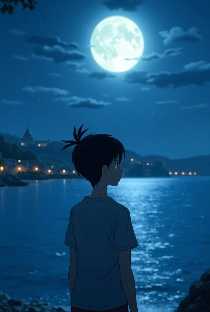  boy, black hair,  ponytail , calm expression, Sea in the background at night, Anime medieval