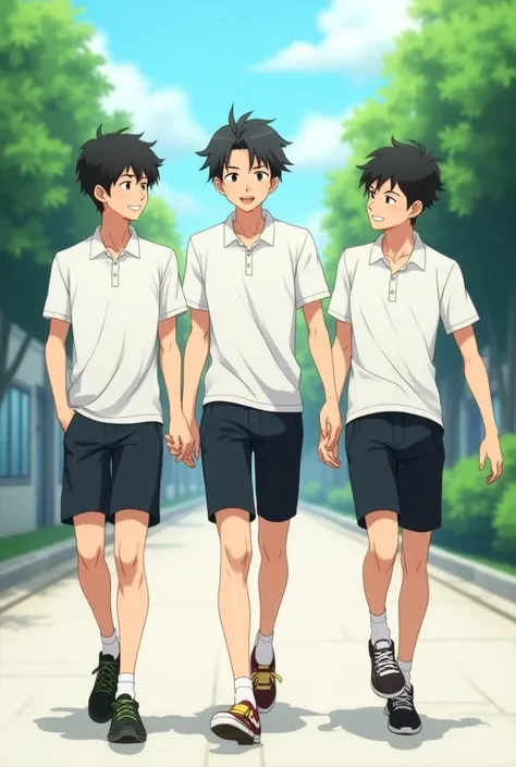  Japanese Anime、3 male high school students、 short sleeve white polo shirt、short black shorts 、 long and thin legs、Going to school、Handsome and cute face 、They are talking happily.