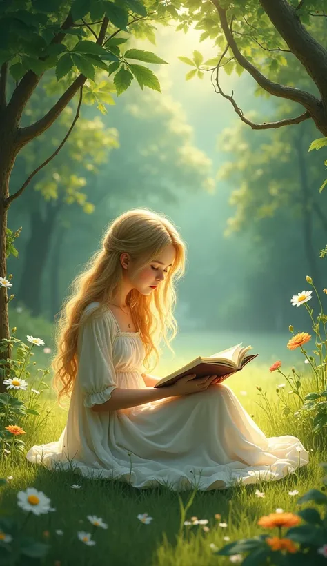 Girl with long light blond hair in a long white dress reading in a clearing. 