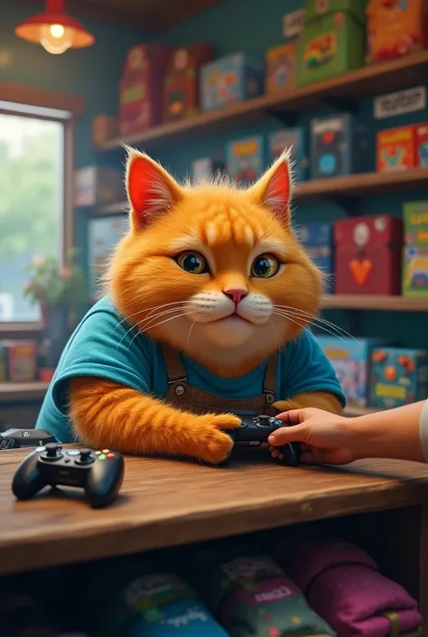 Imagine a whimsical world where anthropomorphic old age cats run retail stores! In a vibrant gaming shop, a friendly, plump orange cat, dressed in a short-sleeved blue shirt, assists a customer. The cats big, expressive eyes display warmth, while it hands ...