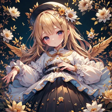 1girl,Handsome face、Baby Face、((( Best Composition 、Best Quality、 masterpiece、Super detailed、 high definition、Golden Ratio)))、 Flower Angel 、Flower Wings 、Dabby Casket Hat 、black pleated skirt dress、 White Belt 、 Face Closeup 、