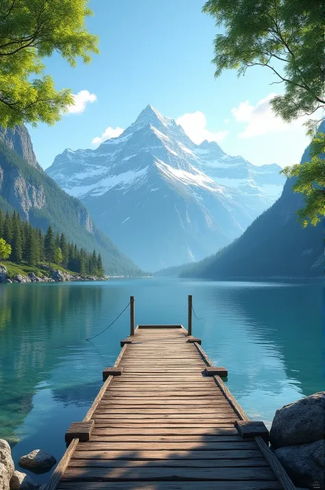 Lake with a pier and trees and mountains in the background
