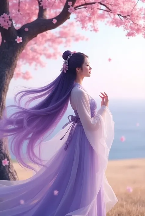 Create Shampoo with her long purple hair I want her to go out wearing her classic traditional Chinese dress on her back and looking out in Orisonte under a cherry tree 