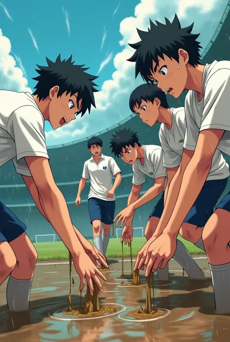  Japanese Anime、 High School Boys、Soccer Club、 short sleeve shorts、Scoop muddy water with your hands and drink