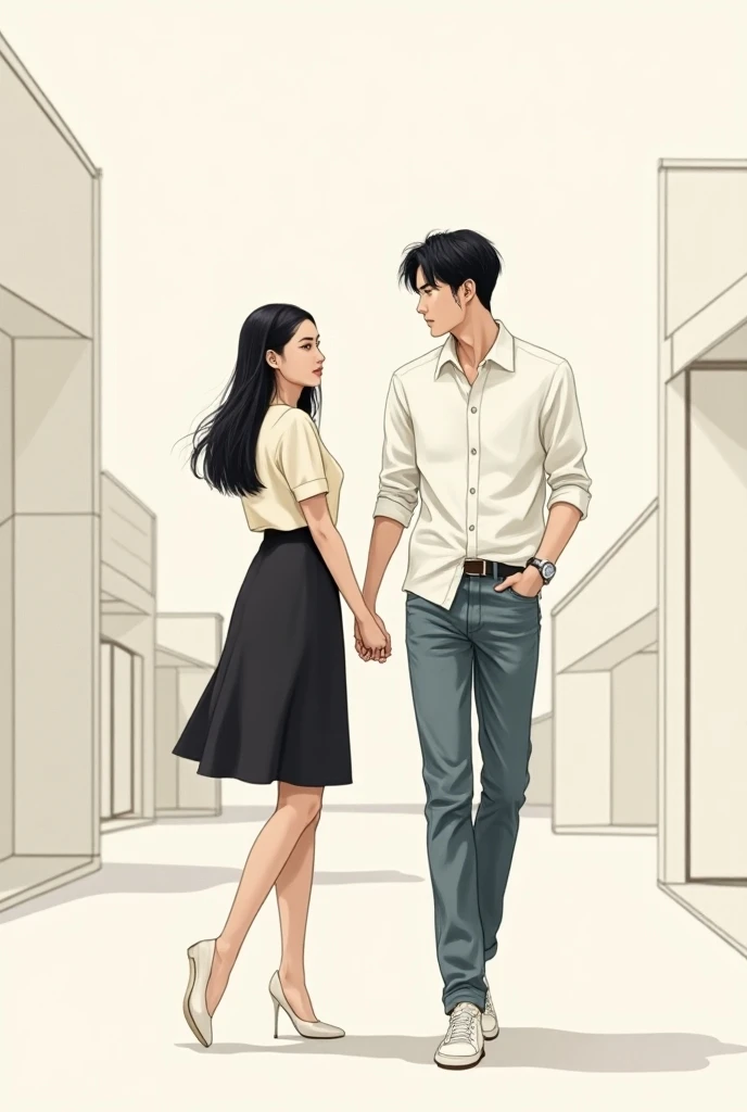 Illustration of a modern Japanese young man and woman couple