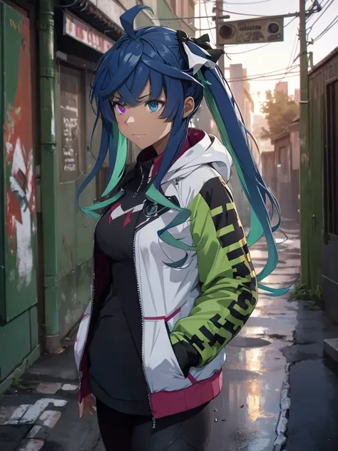 (​masterpiece, top-quality, hight resolution, Unity 8k, extremely details CG:1, Best Picture), 1girl, upper body, Amateur prostitute, (((Jacket all in green))),(open jacket,  black leggings), Twin_Turbo_Umamusume, aqua hair, twintails, heterochromia, purpl...