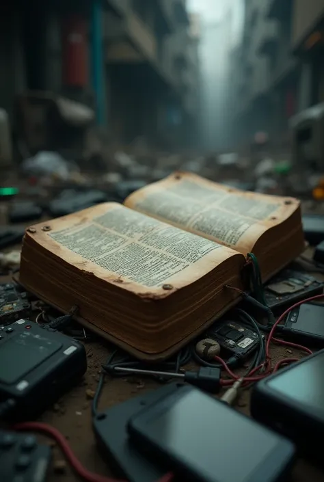 An image to post on Instagram Abandoned Bible amid the chaos of technology 