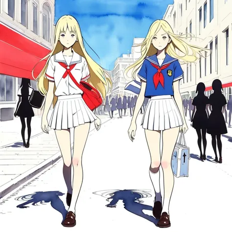 (Superflat ,  flat shading , Flat color:1.1), Group of girls, , young teen , School girl, thin,  small breasts, Blonde hair,  white panties , Full Body ,  school bag ,  shy,  shy, wind,  walking along the city streets,  Bright sunlight , The best shadow, W...