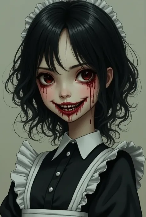 Mala , Black hair with brown eyes in a maid outfit with blood stains and an evil smile with brown skin