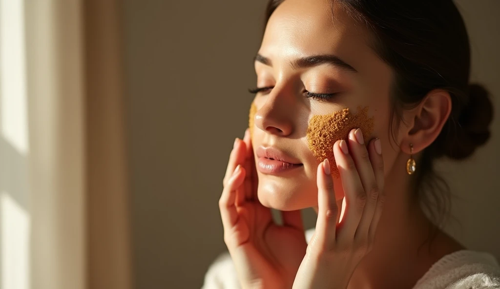  Image of a mixture of potato and cinnamon being applied to a womans face,  focusing on her hands and the texture of the mixture . The woman is in a quiet environment , with soft light,  indicating a moment of skin care .