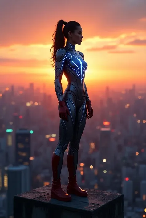 As the sun sets over Tokyos sprawling skyline, a beautiful iconic superhero woman stands atop a building, her slim silhouette framed by a gold and orange background. He wears a sleek dark silver and electric blue suit with bright blue accents that highligh...