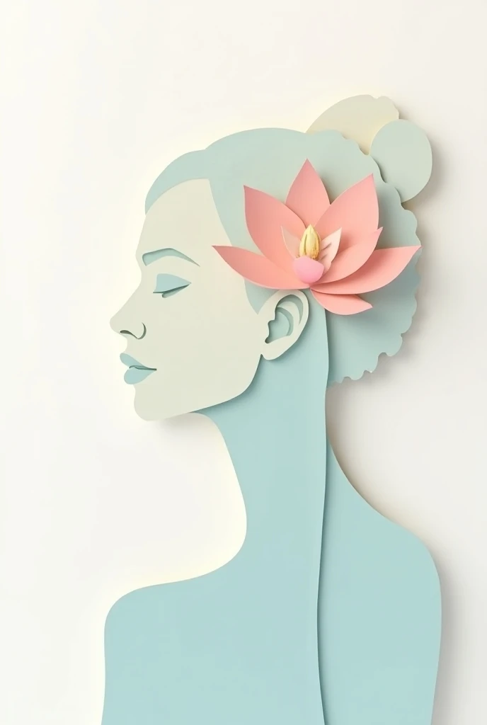 minimalist abstract portrait of woman with lotus flowers,using layered,cut-out shapes in soft pastel colors such as light blue, pink, and cream.The shapes should form the silhouette, with clean, geometric lines, and subtle shadows to create a sense of dept...