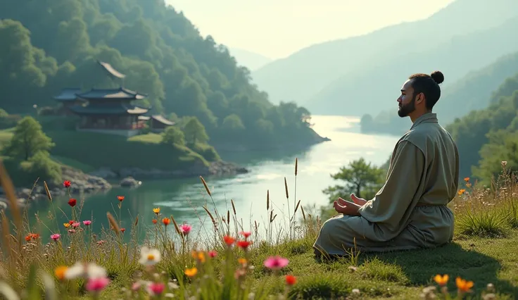 "Zen monk meditating on a hillside with a temple and river below, surrounded by tall grass and wildflowers, detailed, 4K"