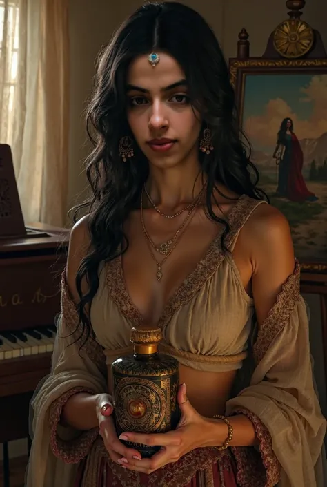 Moroccan brown girl ,  with a bottle of Poison in her hands ,   an easel with an oil painting,  and a piano  