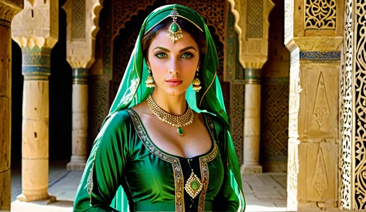 Bellissima donna,  in medieval Middle Eastern dress, without headgear, green eyes, midde eastern race, Large breasts, 