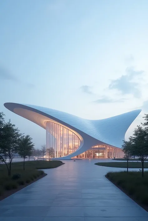 araful looking building with a curved roof and a street in front of it, by Zha Shibiao, in future airport rooftop, airport, hangzhou, terminal, zaha hadid style architecture, zaha hadid architecture, beijing, shanghai, arhitectural shot, architectural shot...