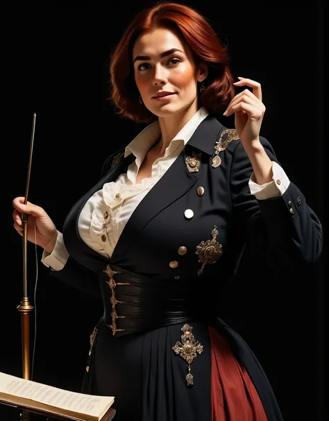 Photorealistic picture from the side, featuring a woman conducting a philharmonic orchestra. (dynamic pose:1.5) Black background. She is standing on a pedestal with a conductors baton in hand. Note stand, sheet music. She is wearing a 1700s century outfit,...